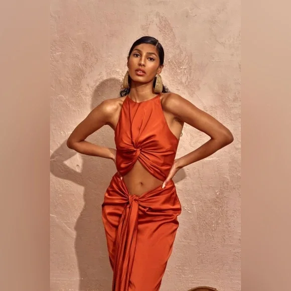 Andrea Iyamah Orange Reni Knotted Dress Size Large/US 10 New - Picture 2 of 15